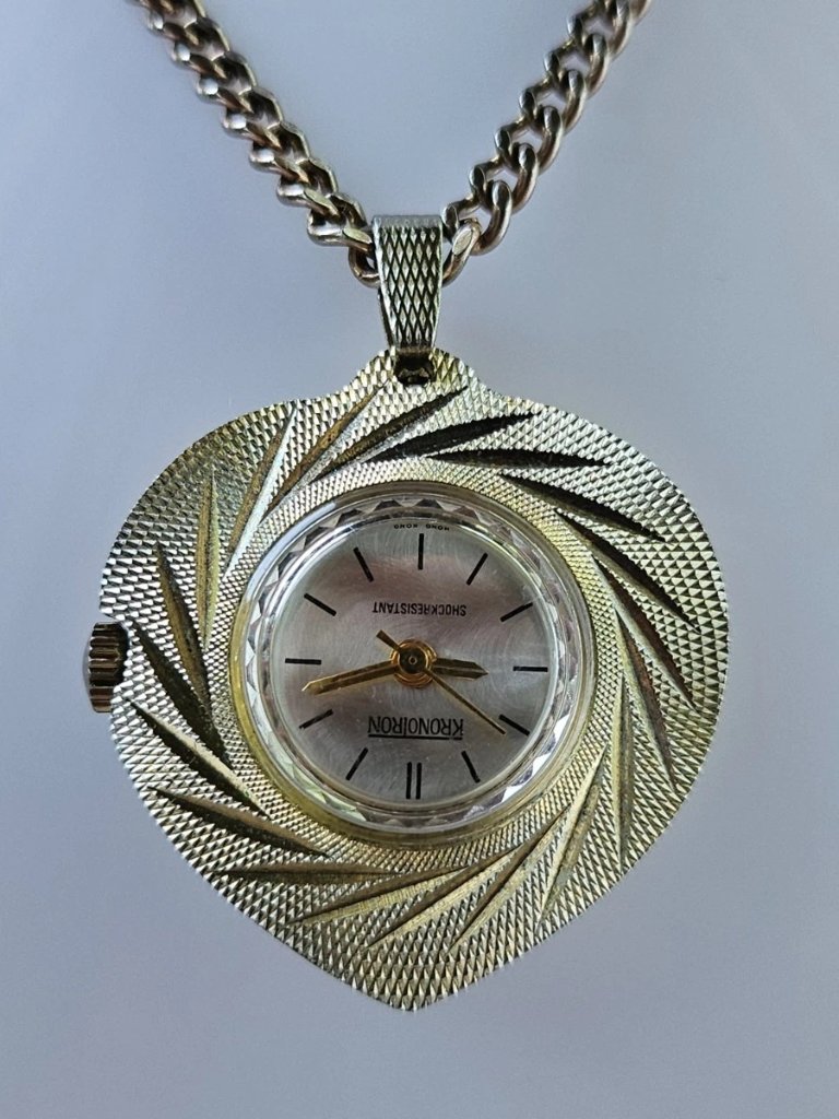 Vintage Kronotron Pocket Watch Necklace Shock Resistant Hand Winding Hand Watch
